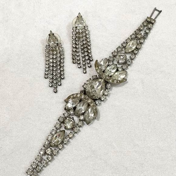Vintage Art Deco Rhinestone Crystal Bracelet Earrings Bridal Jewelry Estate - Picture 3 of 11